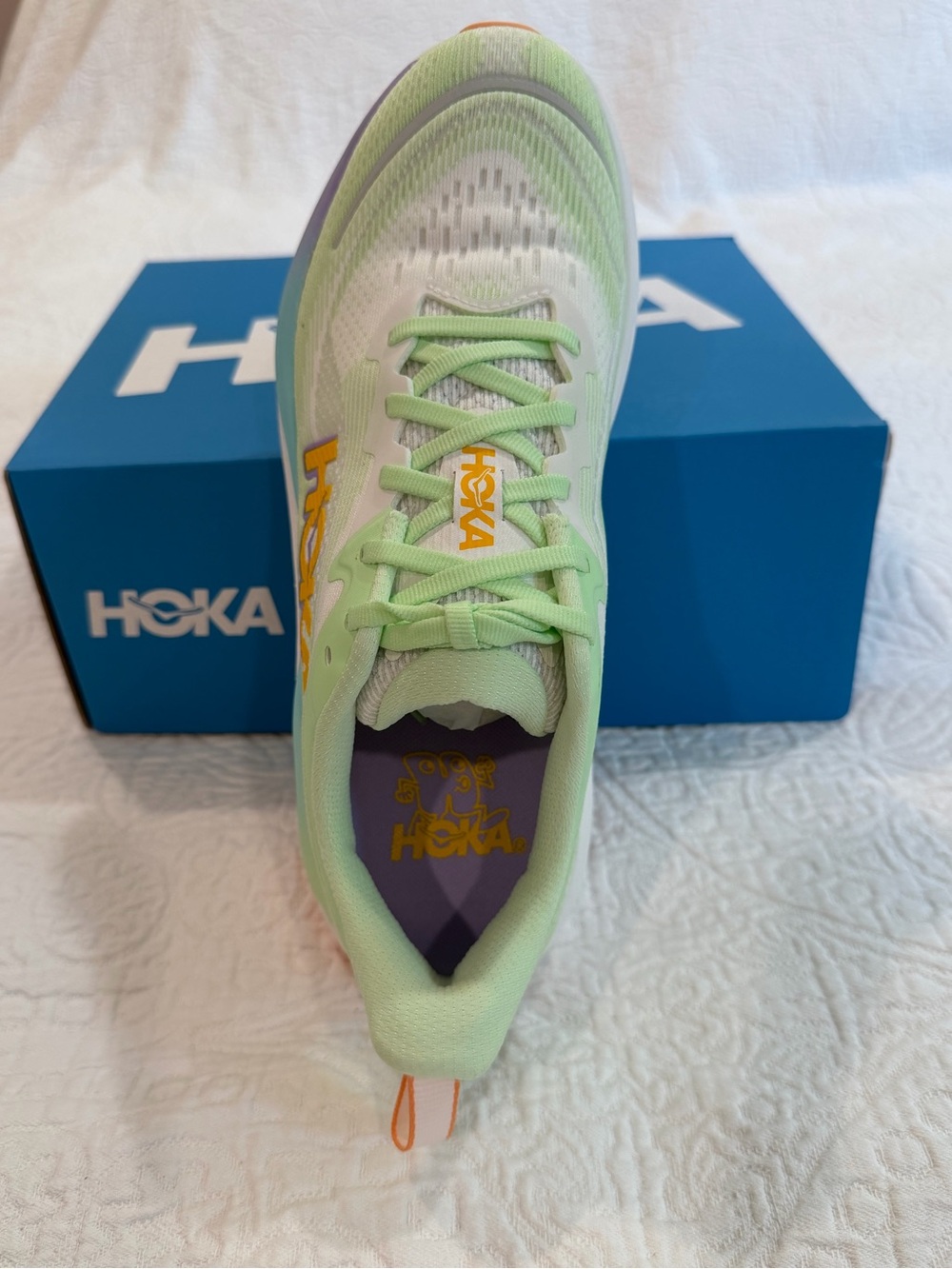 Hoka Women's Skyflow Light Green & Lavender Running Shoes with Yellow Logo - Picture 4 of 13